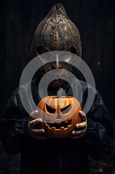 Child holding Jack O Lantern pumpkin. Happy Halloween. Trick or Treat. Ai Generative