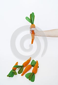 The child is holding a knitted carrot in his hand. Easter rabbit. Child`s hand.