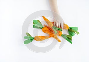 The child is holding a knitted carrot in his hand. Easter rabbit. Child`s hand.