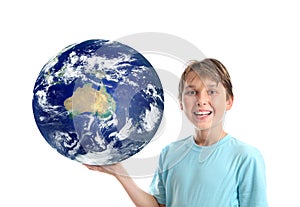 Child holding our world showing Australia