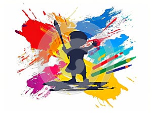 A child holding a paint brush and standing in front of colorful paint splatter