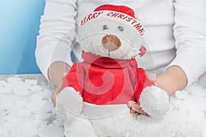 Child holding a soft toy Christmas teddybear