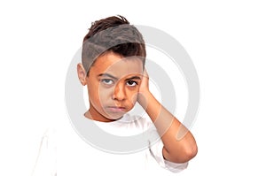Child holding on to sore cheek, otitis media and toothache, close-up, white background