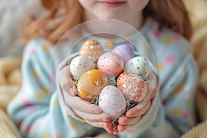 Child holds Easter eggs, focus on colorful holiday tradition