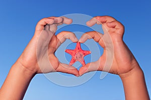 Child holds hands up to sky in the shape of a heart with starfish. Love shape child hands with starfish.