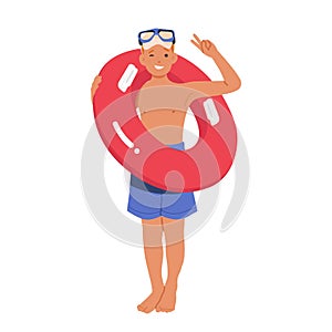 Child Holds Inflatable Ring ready for Playing In Swimming Pool Or At The Beach. The Image Depicts Carefree Summer Moment