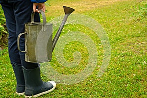 A child holds a metal watering can in his hands. Green background with grass in the garden.