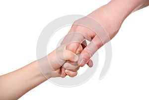 The child holds mum for a finger