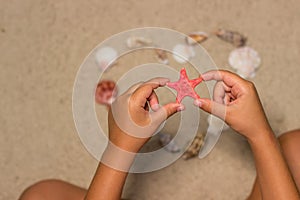 Child holds red starfish. Child hands with starfish. Sea shells on sandy beach. Summer background. Top view