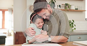 Child, homework and dad hug from student education help in notebook with knowledge development. Paper, study and father