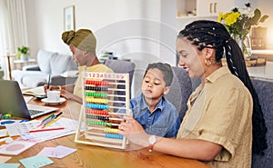 Child, homework help and math with mom in home with counting on abacus for development growth. Young boy, student and