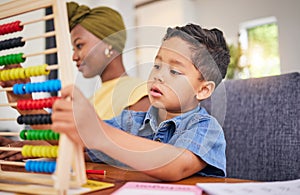 Child, homework and math in home with counting on abacus for development growth. Young boy, student and school work for