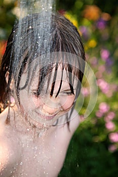 Child hosepipe water summer garden splash