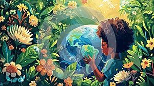 Child hugging Earth. Earth Day, World Environment Day, Earth day, ecology concept.