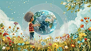 Child hugging Earth. Earth Day, World Environment Day, Earth day, ecology concept.