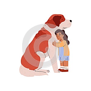 Child hugging a huge dog characters for ESA, flat vector illustration isolated.