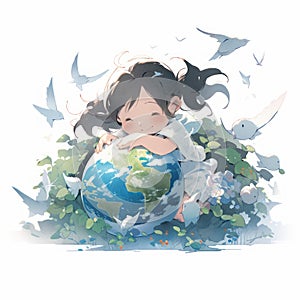 A child hugging planet Earth. A young girl playing with the globe