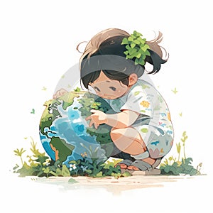 A child hugging planet Earth. A young girl playing with the globe