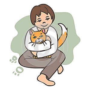 Child hugs ginger cat illustration