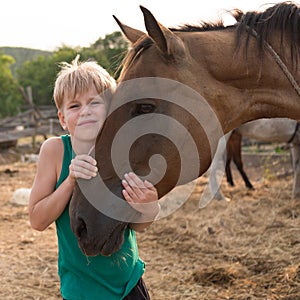 The child hugs the horse with tenderness. Love and friendship with your pet. A girl or boy hugged the bay horse tightly