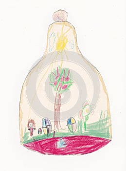 Child illustration of bell with blue clapper and painting