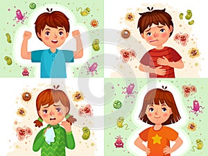 Child immune system. Healthy and sick kids, immune defence. Virus and bacterias protected boy and girl cartoon vector