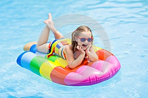 Child on inflatable float in swimming pool.