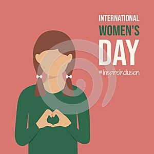 Child on Inspire Inclusion poster IWD 8 March 2024. Woman fold her hands with heart for International Women\'s Day pink Card.