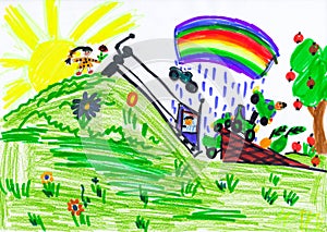 Child jumping in car over hill . child drawing