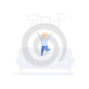 Child jumping on sofa, family lifestyle concept vector Illustration on a white background