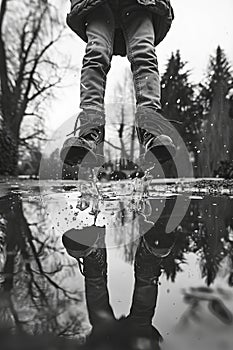 a child jumps through puddles. selective focus.