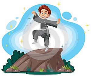 Child in karate uniform on a rock