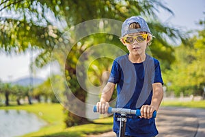 Child on kick scooter in park. Kids learn to skate roller board. Little boy skating on sunny summer day. Outdoor