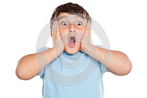 Child kid amazed surprised astonished surprise happiness joy little boy isolated on white