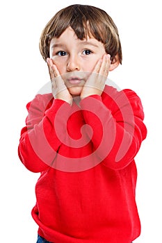 Child kid boy fear sorrow anxious afraid worried emotion portrait format isolated on white