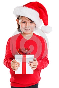 Child kid girl Christmas gift present Santa Claus surprise isolated on white background