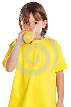 Child kid girl drinking orange juice healthy eating portrait format isolated on white