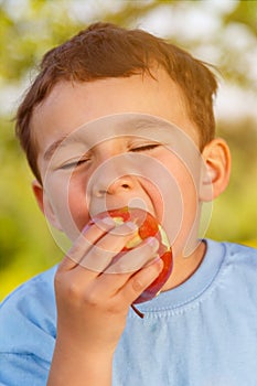 Child kid little boy eating apple fruit outdoor outdoors outside