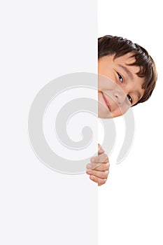 Child kid looking at empty blank sign copyspace copy space marketing ad advert isolated on white portrait format
