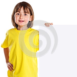 Child kid smiling young little girl copyspace marketing ad empty blank sign isolated