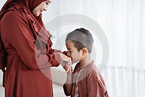 Child kissing his mother`s hand to apologize