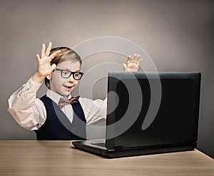 Child With Laptop, Little Boy in Glasses Amazed Looking Computer