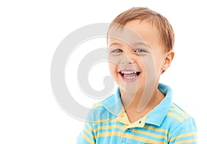 Child, laugh and portrait of boy in studio, white background and funny in mockup space. Kid, face and smile with