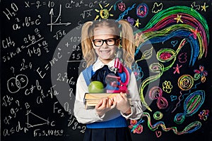 Child Learning Creativity and Mathematics, Creative School Kid Girl Student with Books over Art Blackboard