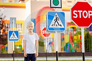 A child learns to cross the road at a pedestrian crossing, traffic rules for children