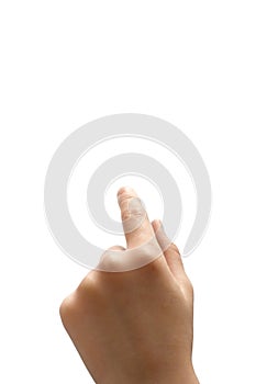 Child left hand pointing up, isolated photo. Little boy& x27;s hand touches the touch screen concept, Clipping path, Copy