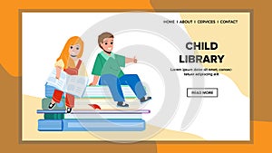 In Child Library Reading Books Boy And Girl Vector