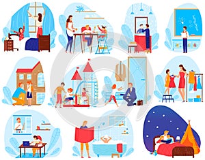 Child lifestyle daily routine vector illustration set, cartoon flat every day life scenes with school children and