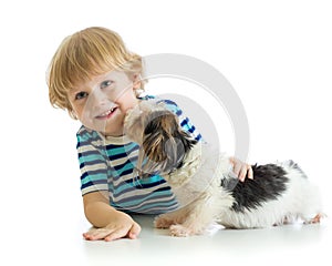 Child little boy with his puppy dog. Isolated on white background.
