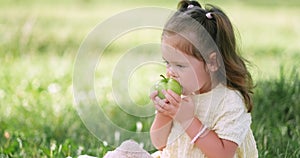 Child little caucasian girl eating apple in park at summer on lunch picnic, kid sitting on grass outside.